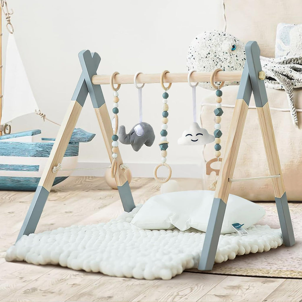 Wooden Baby Play Gym Foldable Gym Frame Activity Gym with 5 Hanging Toys