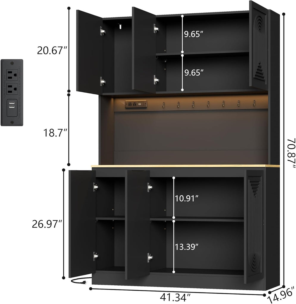 71" Black Kitchen Pantry with Power Outlet & LED Light, Large Kitchen Hutch Cabinet with Adjustable Shelf, Modern