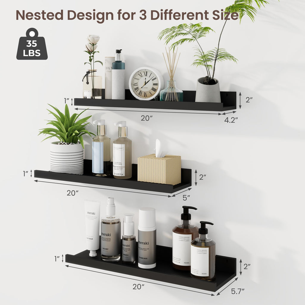 20 Inch Floating Shelves, Black Picture Ledge Shelf Set of 3