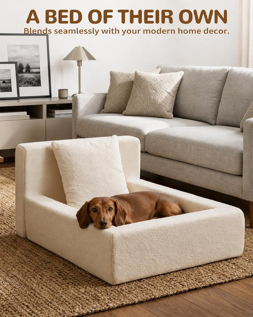 Boucle Dog Bed with Pillow, Furniture Style Dog Couch with Backrest, Washable Calming Pet Sofa Lounge for Small