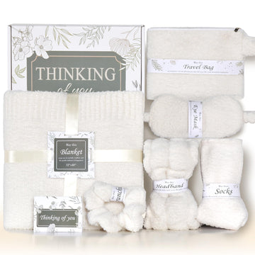 Birthday Get Well Soon Cozy Gift Basket Care Package for Women with Blanket, Fuzzy Socks, Eye Mask, Headband Cozy