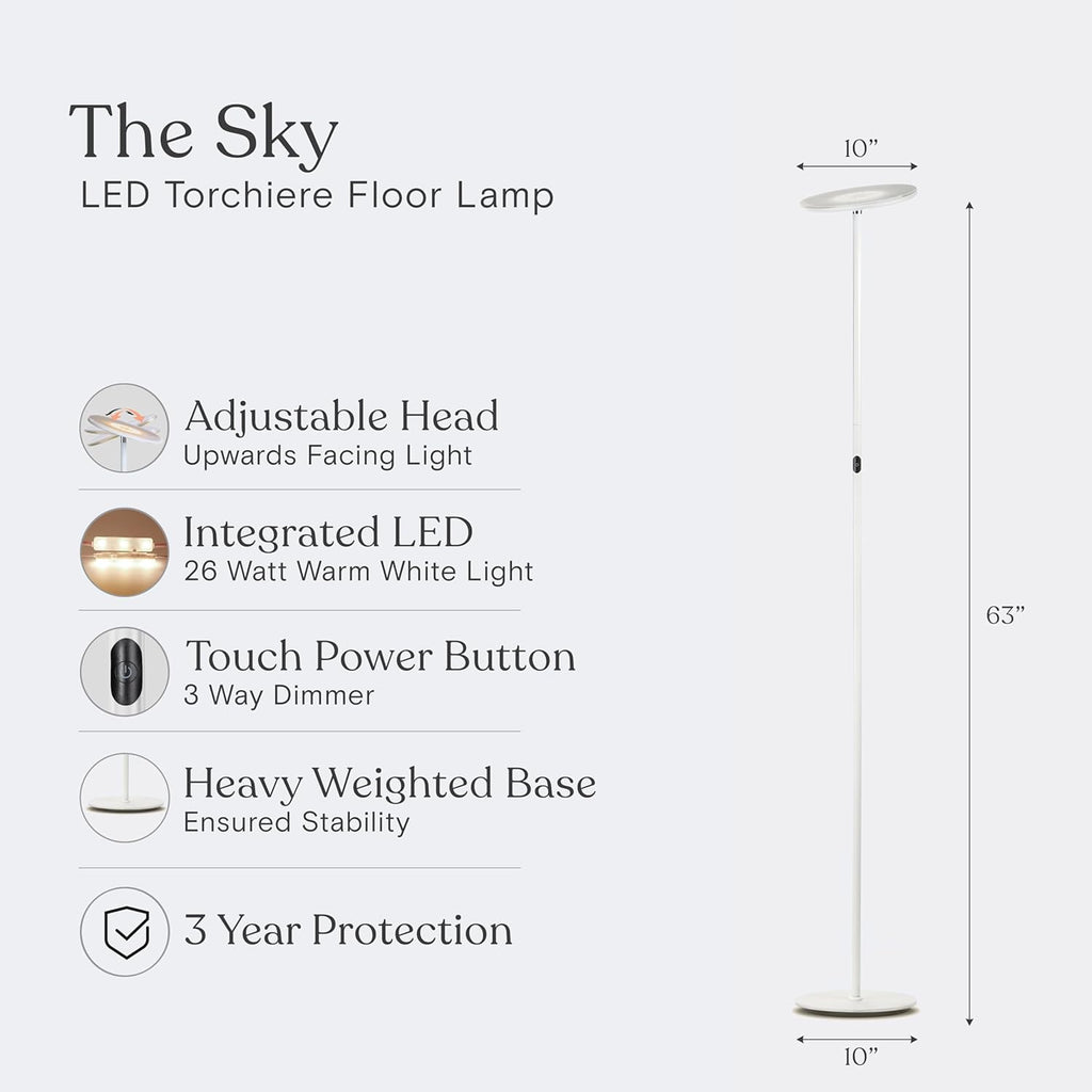 Sky LED Floor lamp, Torchiere Super Bright Floor Lamp Decor & Office - Dimmable, Tall Standing Lamp with Warm Light
