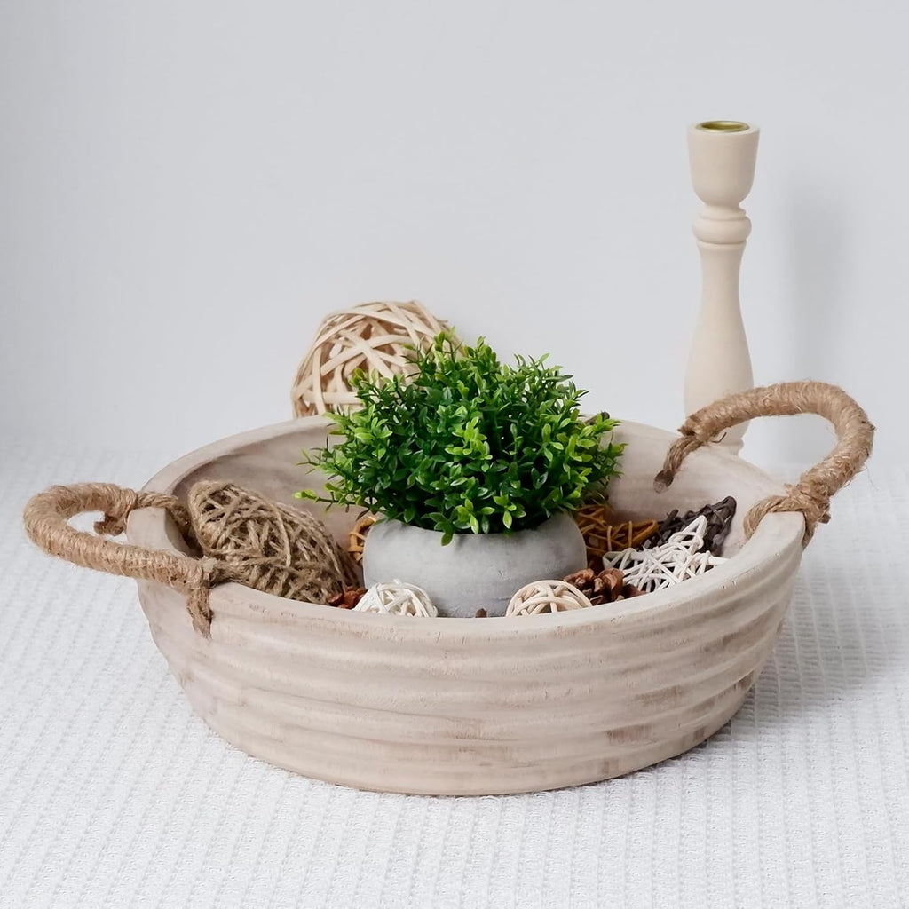 Wooden Decorative Bowls, 11.2 Inch Premium Round Serving Bowl with Rope Handles Decor, Round Paulownia Wood
