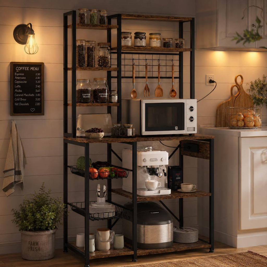Bakers Rack with Power Outlets, 7-Tier Microwave Stand with 2 Wire Basket, 35.4 in Industrial Coffee Bar Station