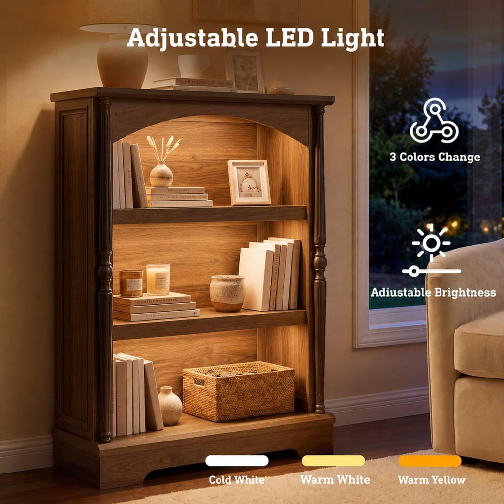 3-Tier Arched Bookcase with LED Lights Set of 2, Farmhouse Bookshelf with Solid Wood Classical Columns, Wooden Open