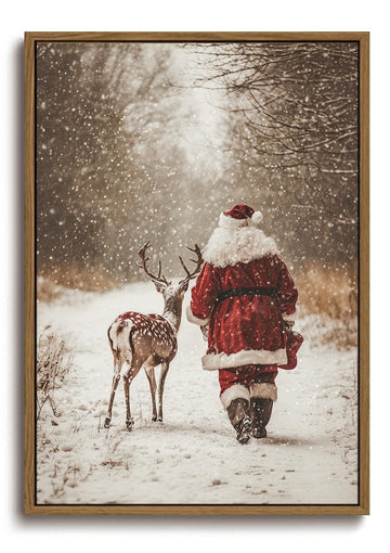 Vintage Christmas Santa Deer Framed Wall Art Snowy Forest Canvas Art