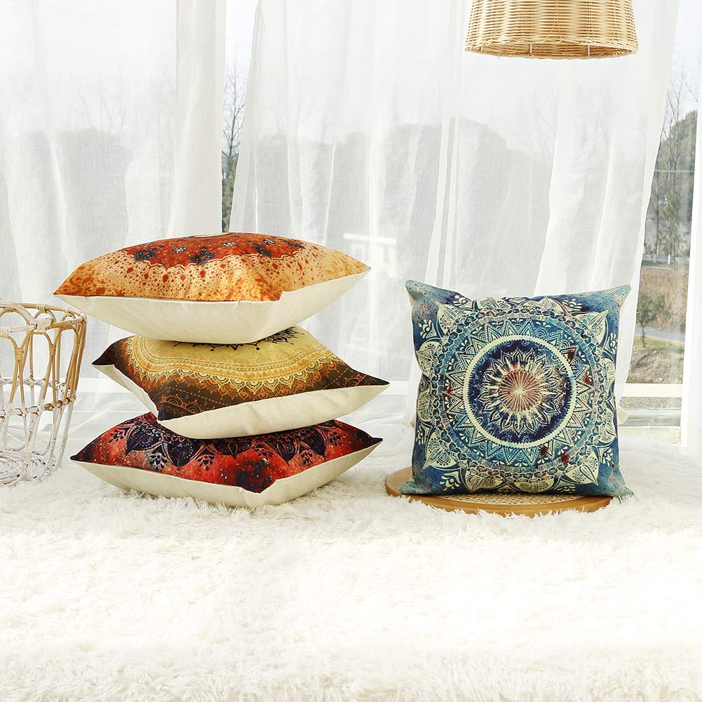 Set of 4 Retro Floral Mandala Compass Medallion Bohemian Pillow Covers Boho Decor Hippie Throw Pillows Decorative for