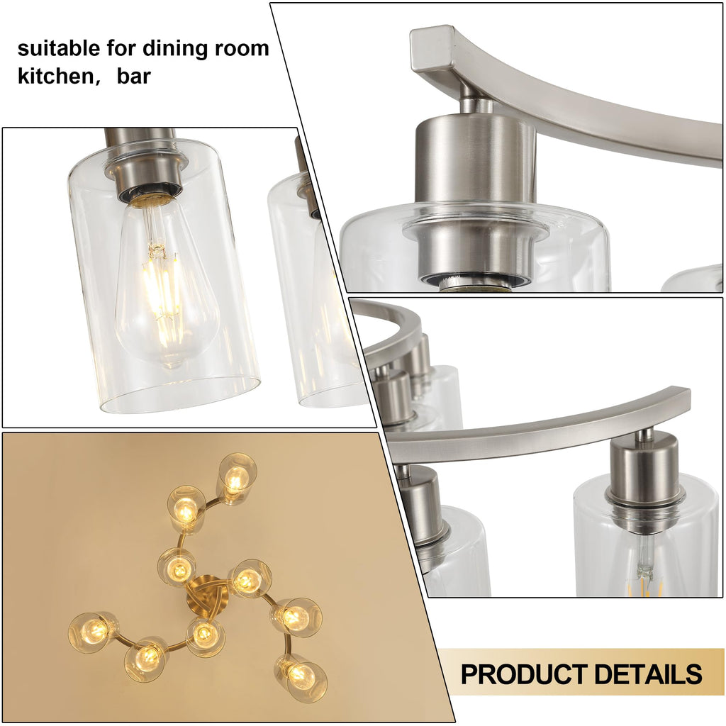 9-Light Brushed Nickel Glass Chandelier, Adjustable Height Hanging Industrial Dining Room Chandelier Over Table