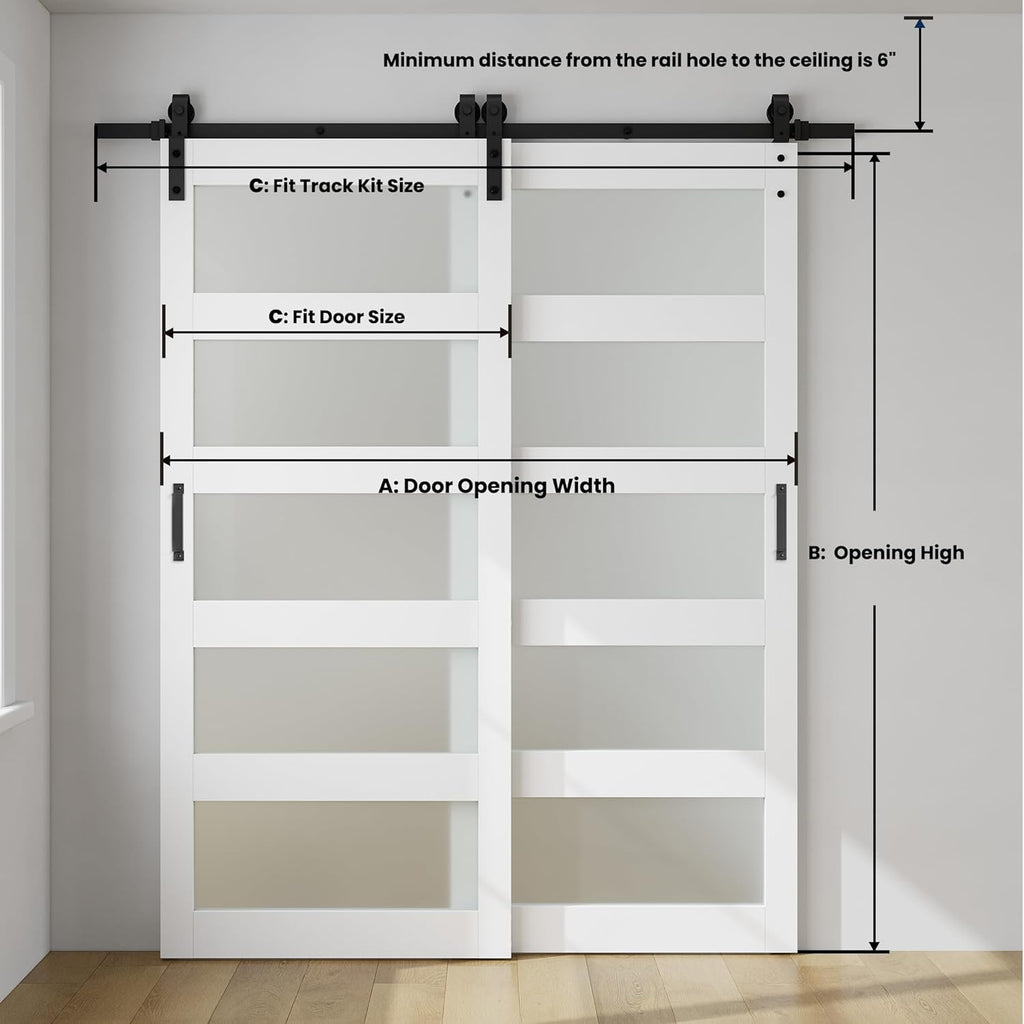 36in x 84in Double Glass Sliding Barn Door with 6.6FT Bypass Sliding Barn Door Hardware Kit, 5-Panel