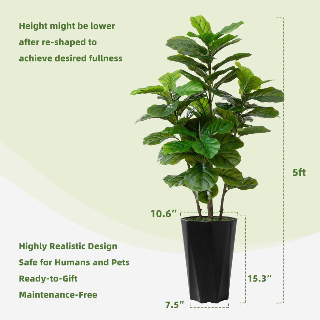 Artificial Fiddle Leaf Fig Plant Indoor 5FT Faux Fig Tree with White Diamond Planter Tall Fake Floor Plant in Pot