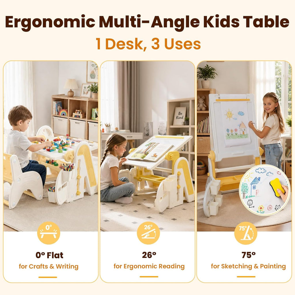 Upgraded in-1 Kids Table with Adjustable Height & Angle, Large Magnetic Tabletop with Markers, Multi-Function