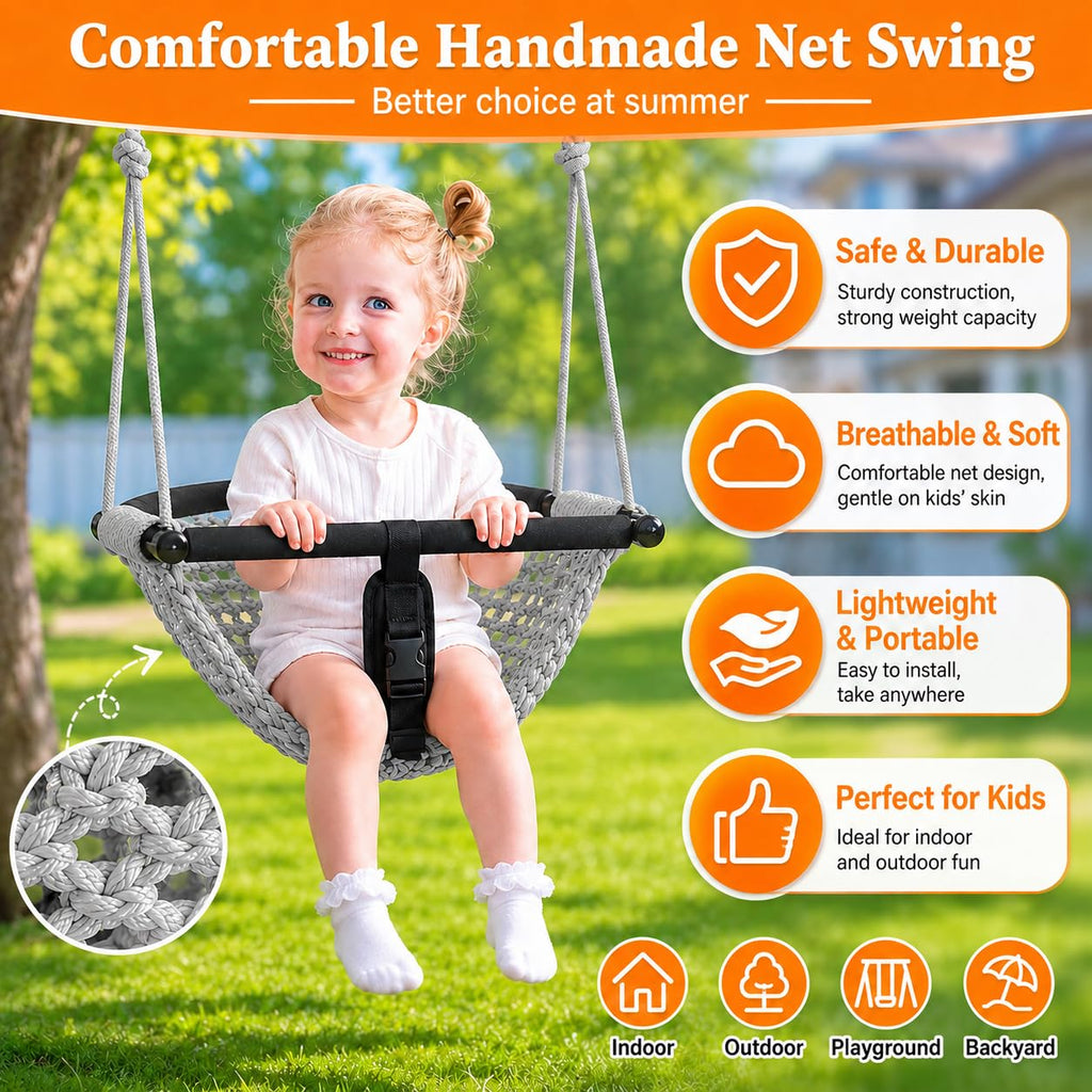 Kids Swing Seats Indoor Hand-Made Net Swing with Adjustable Rope Tree Swings for Kid Child Backyard Playground Swings