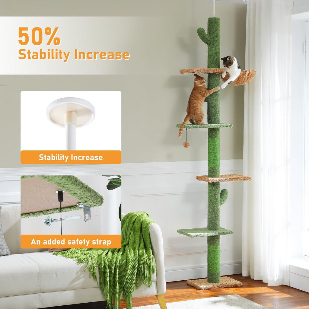 Cactus Floor-to-Ceiling Cat Tree 5-Tier Cat Tower with Hammock