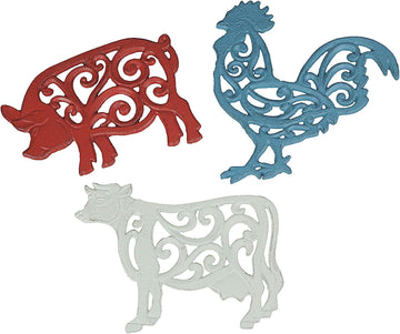 Farm Animal Kitchen Trivets, Red White Blue 9 Inch Cast Iron - Set of 3