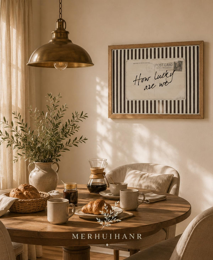How Lucky Are We Wall Art, Wood Framed Postcard Poster with Positive Quote, Western, Old Money Brown Striped Decor