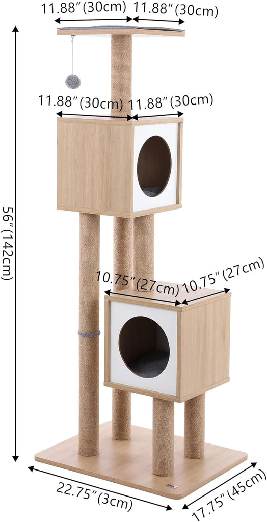 Sawyer 56" 3-Tier Minimalist Jute Cat Tree Condo with Scratching Posts, and Fuzzy Toy, Brown/White