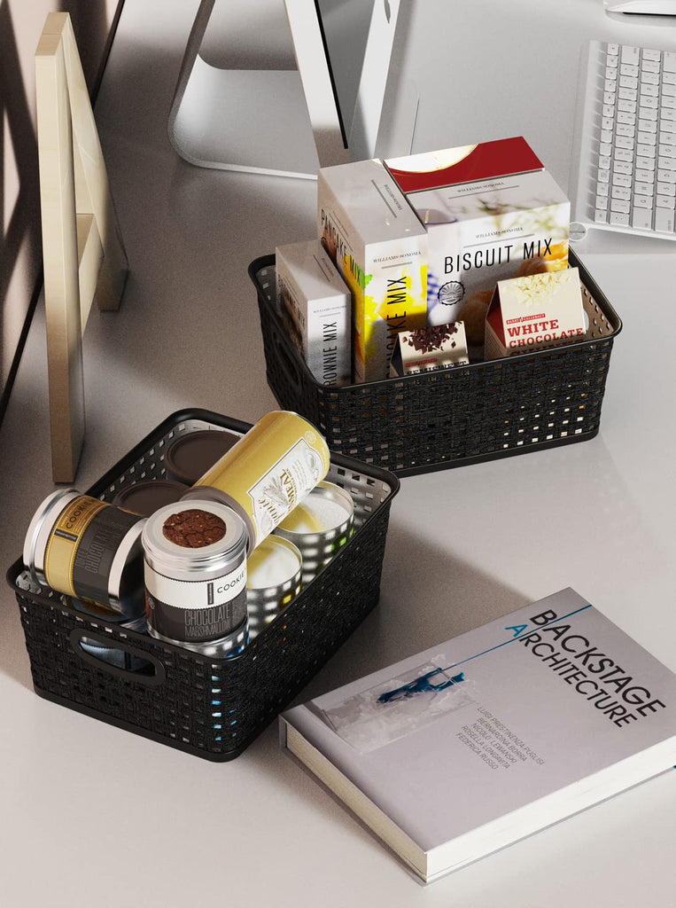 Woven Storage Organizer Basket, 6-Pack Black Plastic Weave Baskets, 10.1 x 7.55 x 4.1