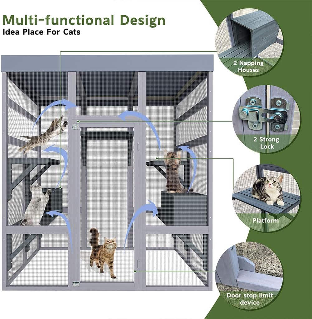 70.1" Large Catio Outdoor Cat Enclosure, Solid Wood Cat House with Waterproof Fabric Roof and 2 Napping House