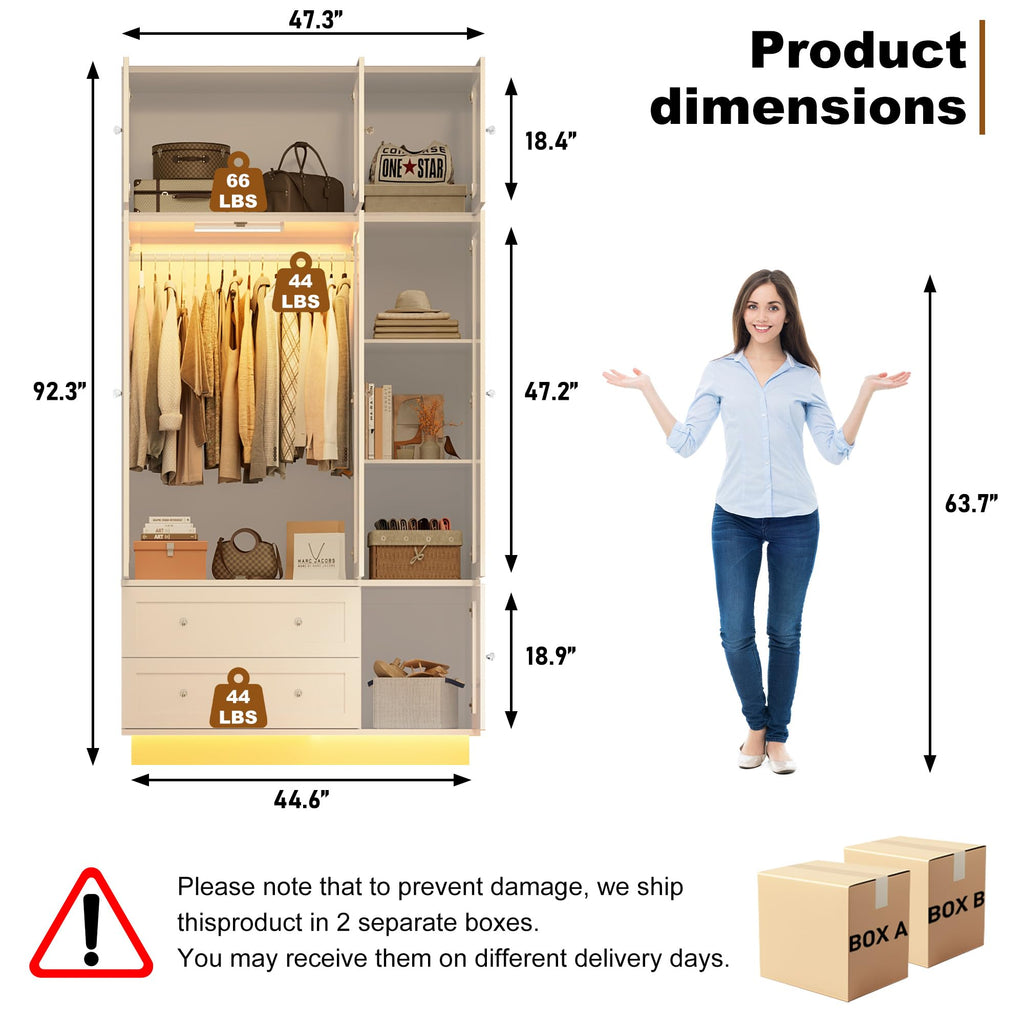 92.2" Tall Armoire Wardrobe Closet with Mirror & Motion Sensor Light, Large Storage Cabinet with 2 Drawers, Hanging