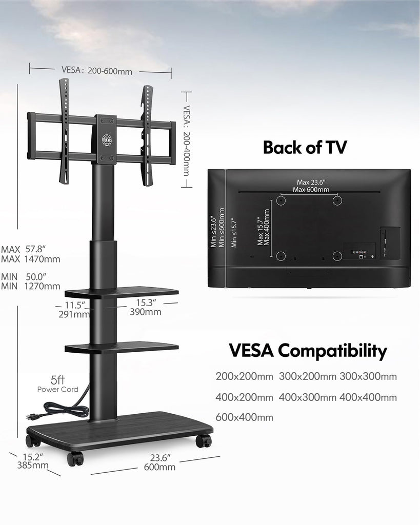 Rolling TV Stand with Power Outlets, for 32-75 InchTVs, Black