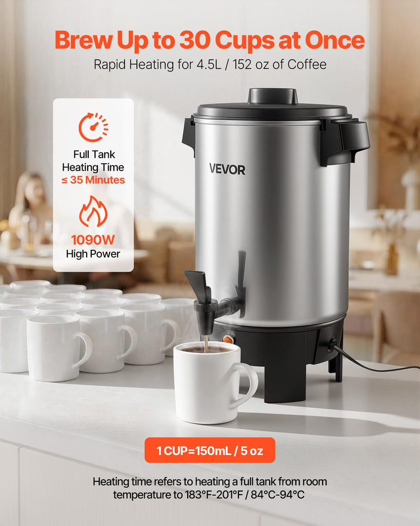Commercial Coffee Urn, 30 Cup, 4.8 qt 1090W Hot Beverage Dispenser