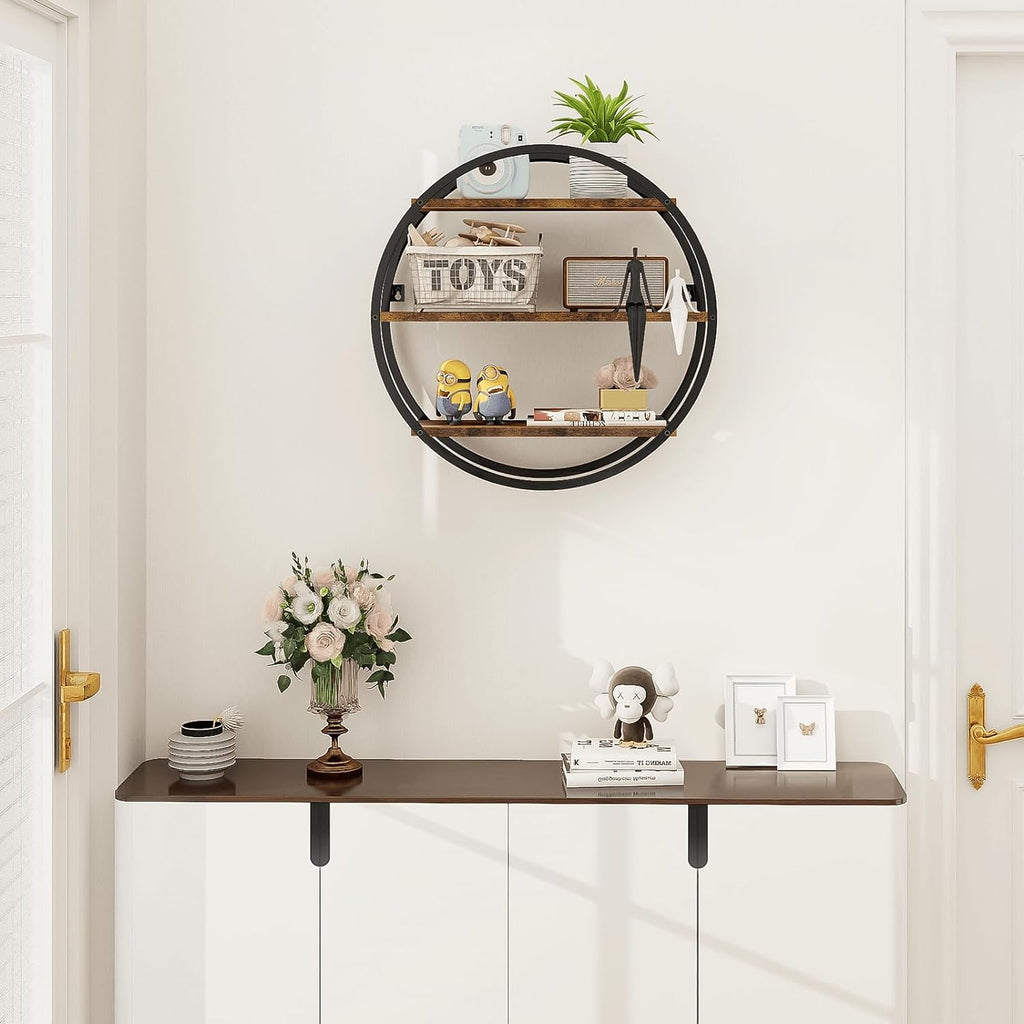 Circle Shelf Wall Decor, 3 Tier Decorative Round Wall Shelf | Geometric Circle Metal and Wood, Circular Wall Shelf
