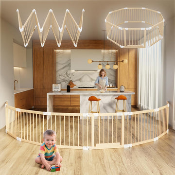 Baby Playpen, Playpen for Babies and Toddlers, Foldable Wooden Play Yard with Wall connectors, Adjustable Baby