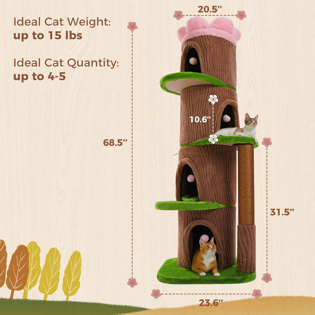 68.5" Forest Cat Tree Tower with 4 Condos & Flower Top Bed, Brown