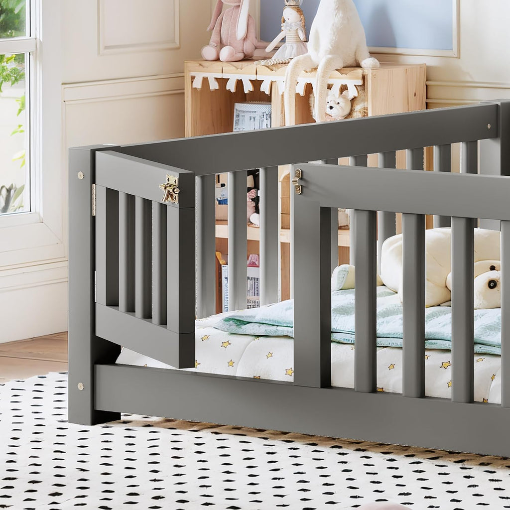 Full Size Montessori Floor Bed Frame with Slats and Fence for Kids, Gray