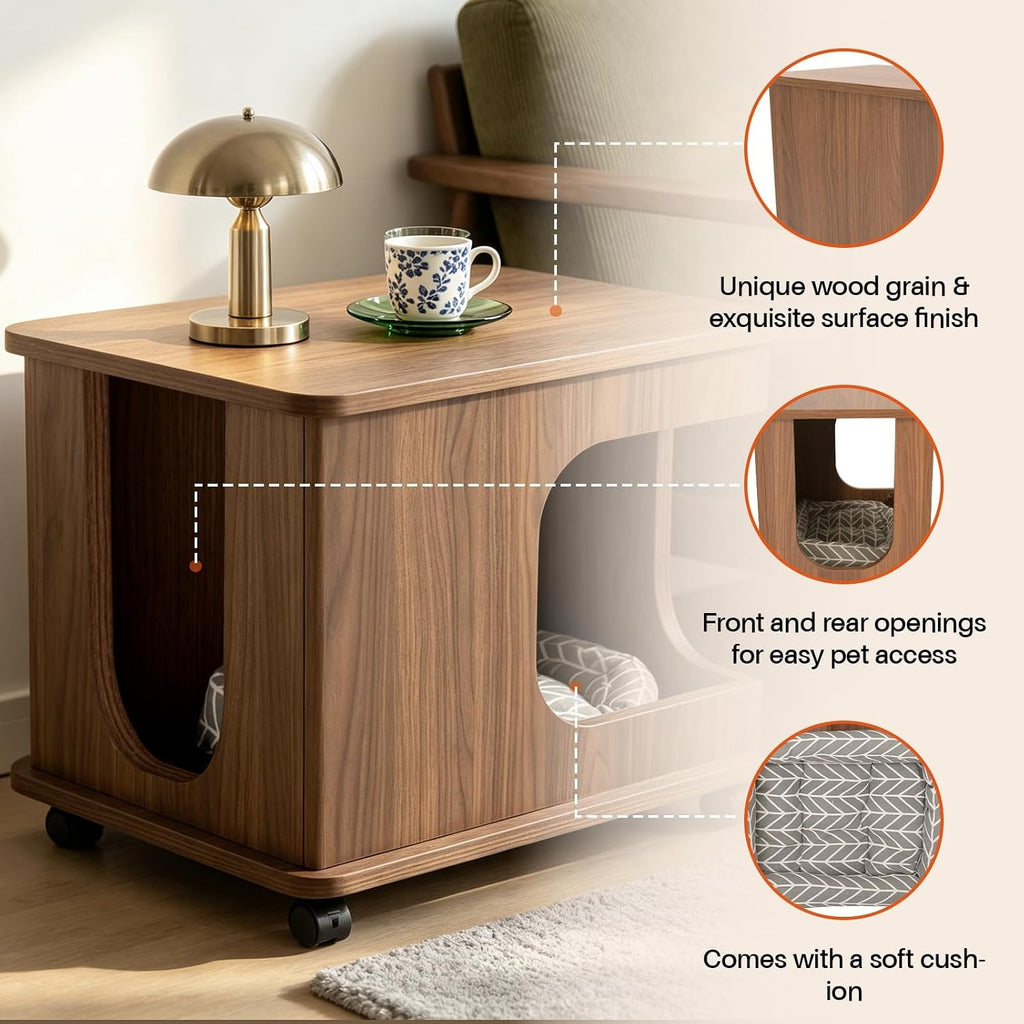 Wooden Cat Bed Side Table 2-in-1, Elevated Cat Hideaway Cave House with Cushion, Sturdy Pet End Table Furniture