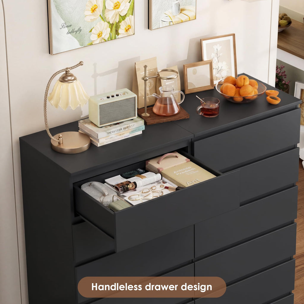 Black Dresser, 6 Drawer Dresser with Handleless Drawer Cabinet