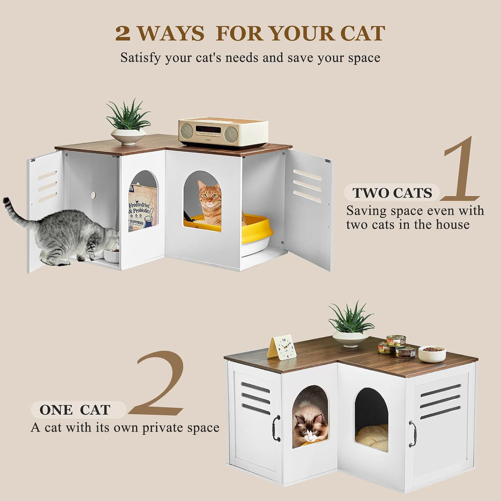 31.5in Corner Cat Litter Box Enclosure with Double Room, White