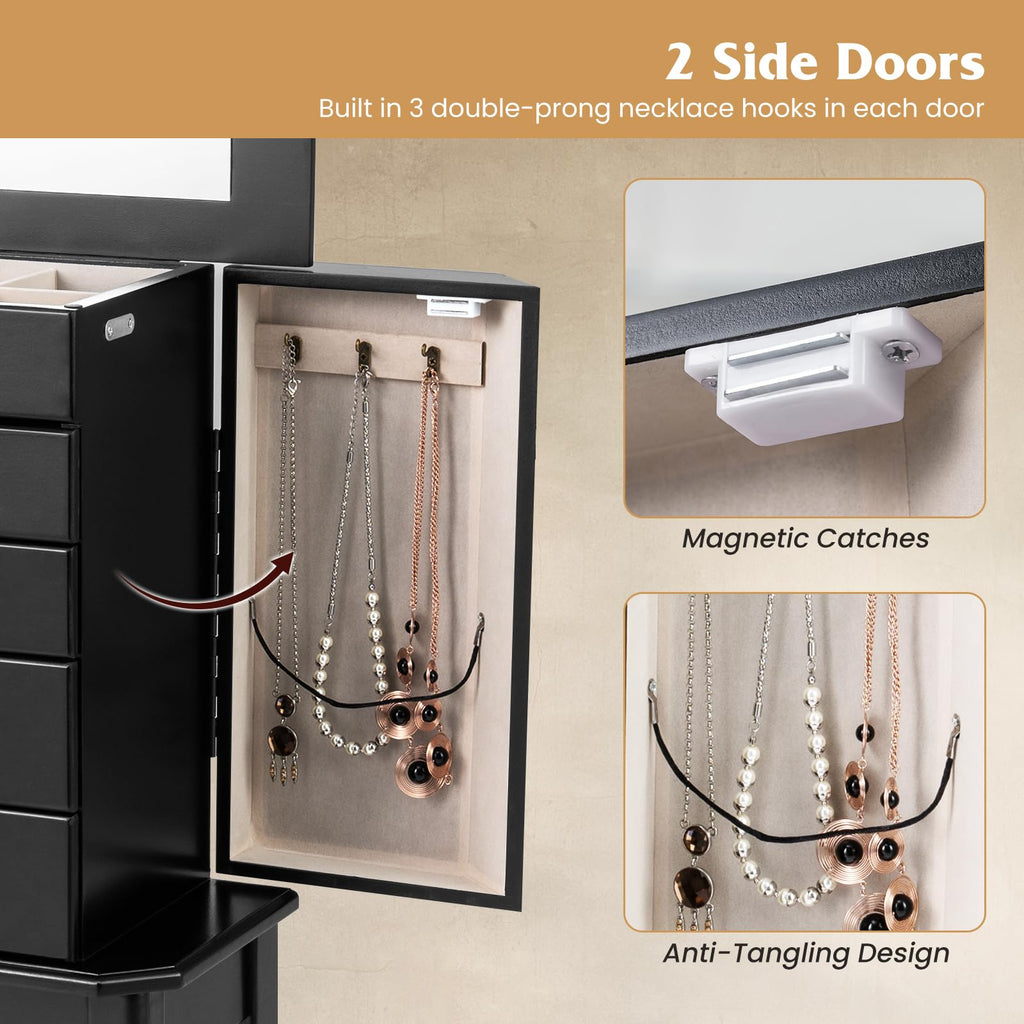 Standing Jewelry Armoire, Space-Saving Jewelry Organizer Chest (Black)