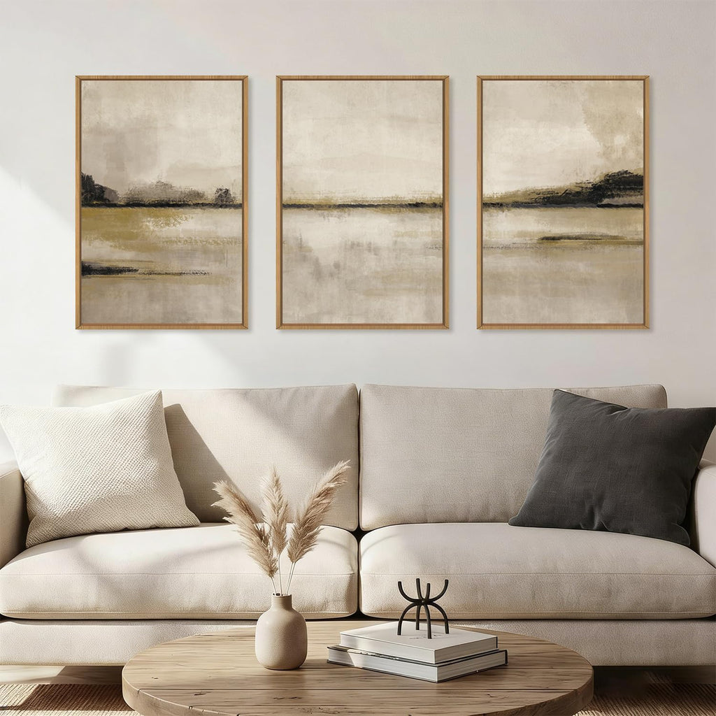 Neutral Abstrcat Landscape Framed Canvas Wall Art Set, Retro Mountain Lake Wall Decor, Vintage Tan Scenery Art