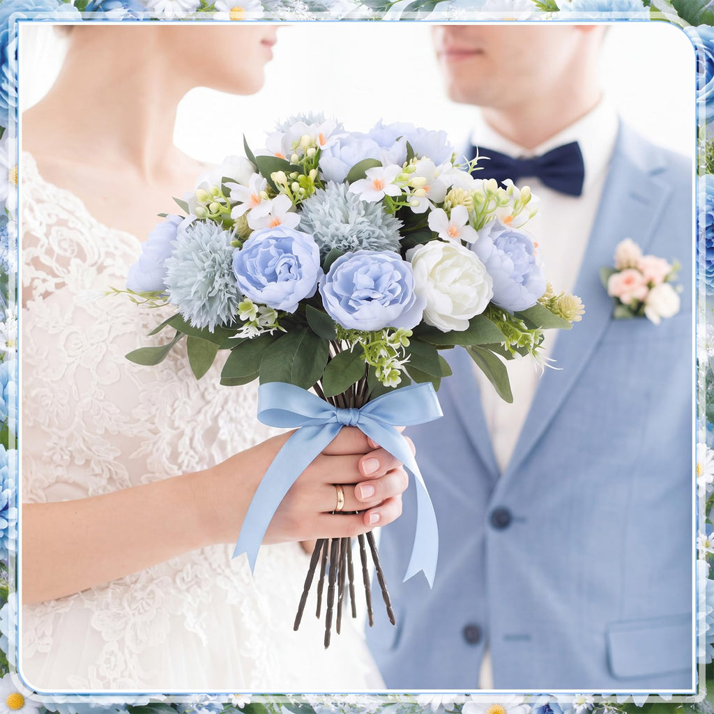 12 Pcs Blue White Artificial Peony Flower Decoration