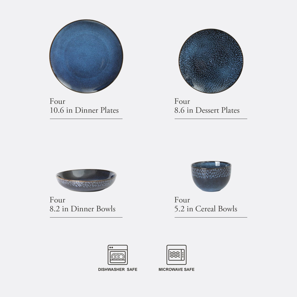 Matisse 16-Piece Dinnerware Set - Double Bowl Reactive Glaze Cereamic Stoneware in Blue - Plates and Bowls Sets