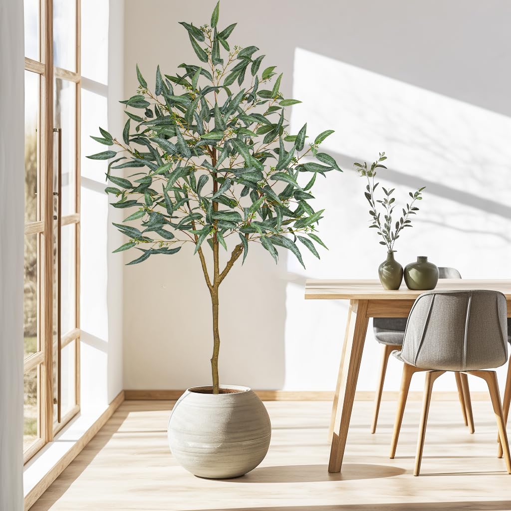 6ft Artificial Eucalyptus Tree in Black Pot, Realistic Silk Potted Floor Plant Eucalyptus Plant Decor Indoor Outdoor