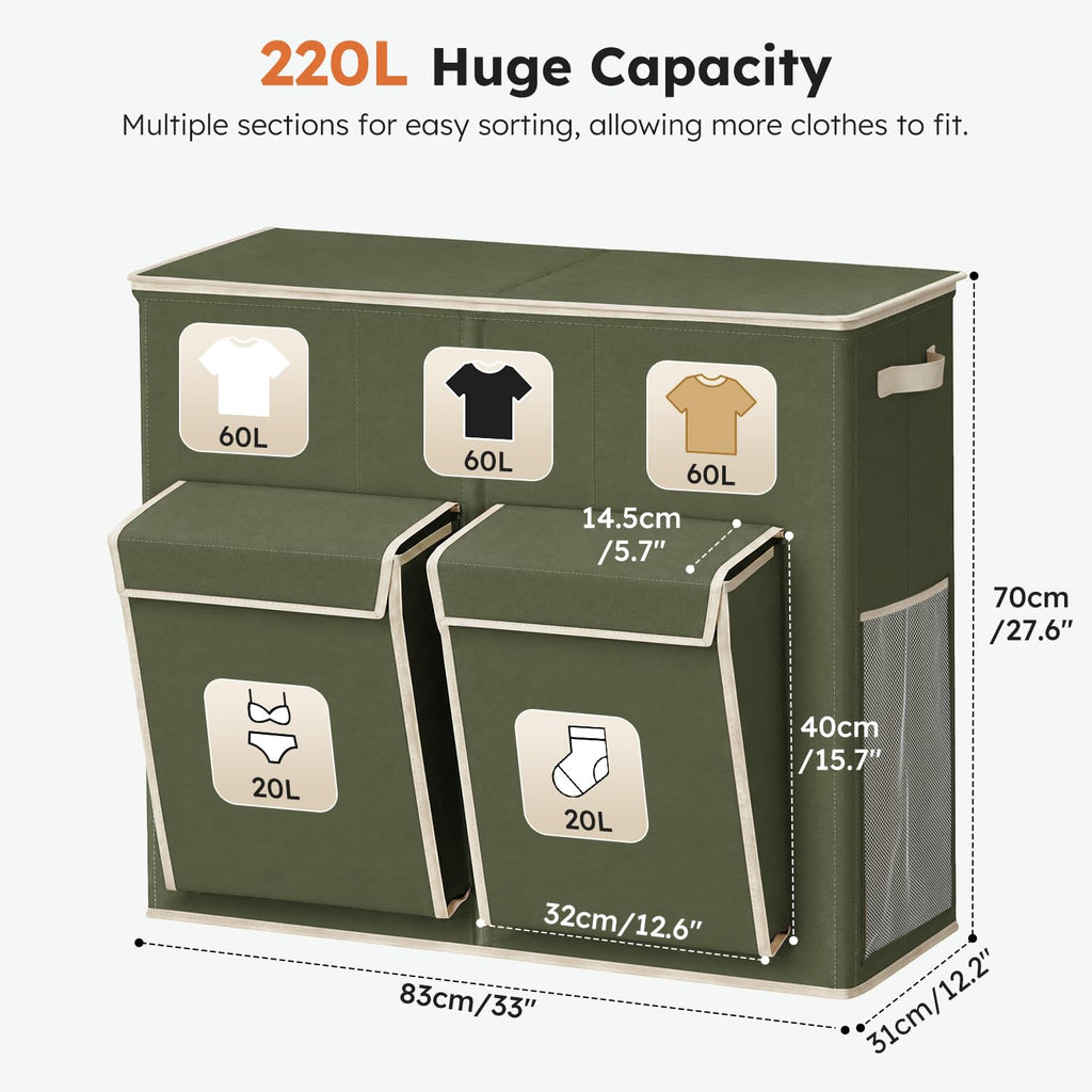 220L Laundry Hamper 3 Section with Lid and 2 Side Pockets