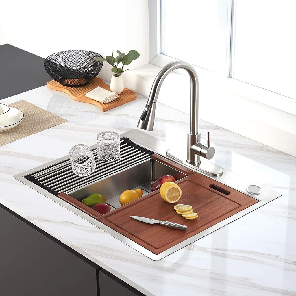 33" x 22" Drop Sink, 304T Stainless Steel Topmount Workstation Sink, Single Bowl with Integrated Ledge