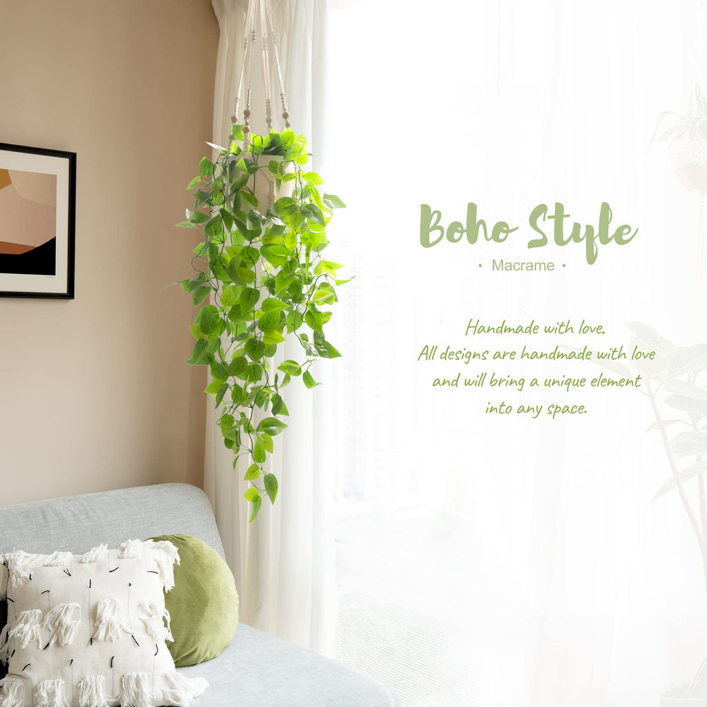 Fake Hanging Plant, Macrame Hanger with Pothos Vines & Pot, Ivory