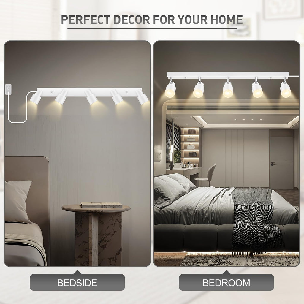 Track Lighting Plug in, 30" LED Track Light Fixtures Ceiling, White 5 Way Spotlight, Rotatable Head, Plug Wall Lights
