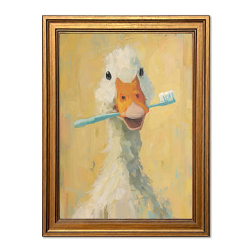 Vintage Gold Framed Funny Bathroom Goose Canvas Wall Art, Cute Duck Toothbrush Yellow Pictures Wall Decor, Whimsical