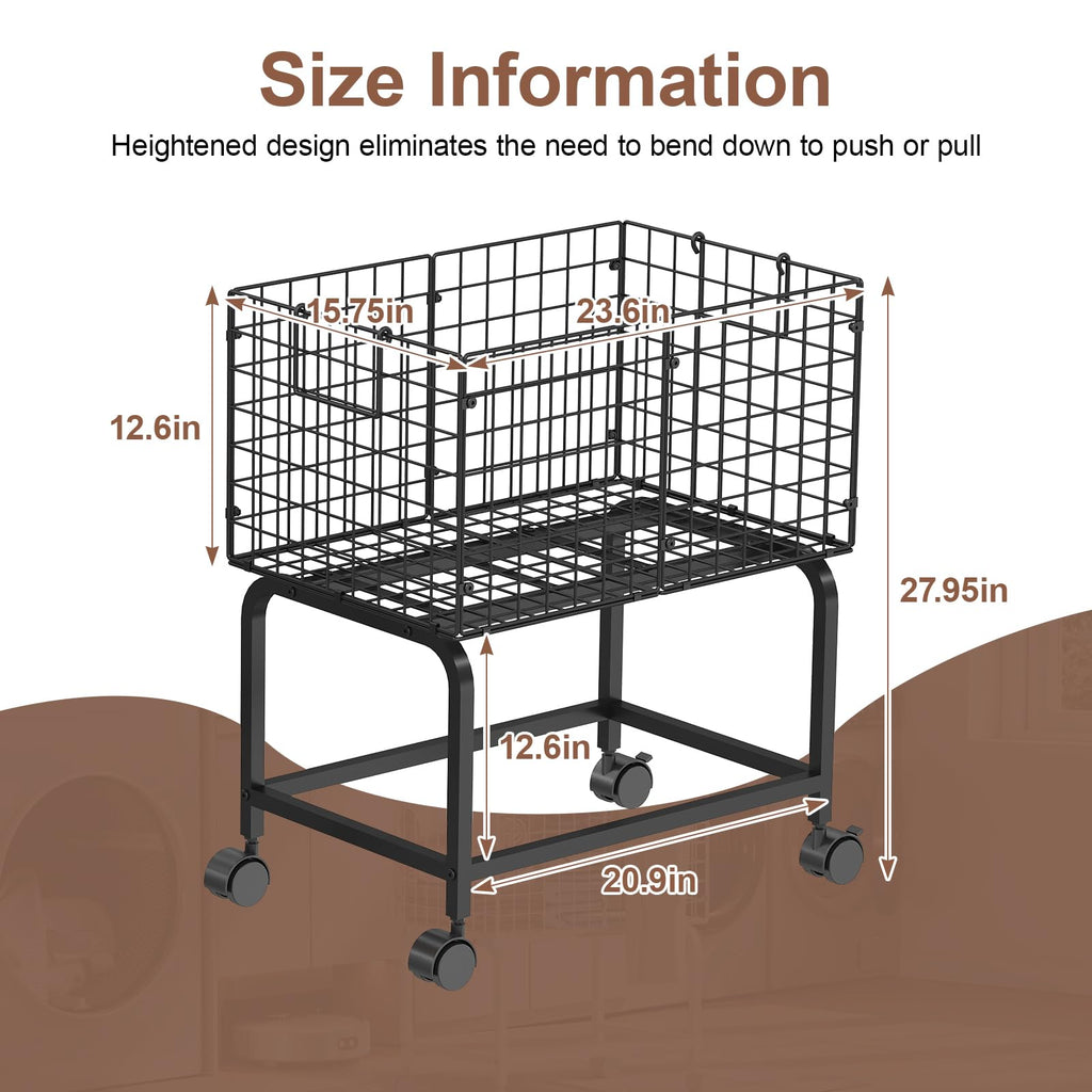 Wire Laundry Hamper Cart,Rolling Laundry Carts with Pull Handle,Black Tall Laundry Basket,Commercial Wire Laundry