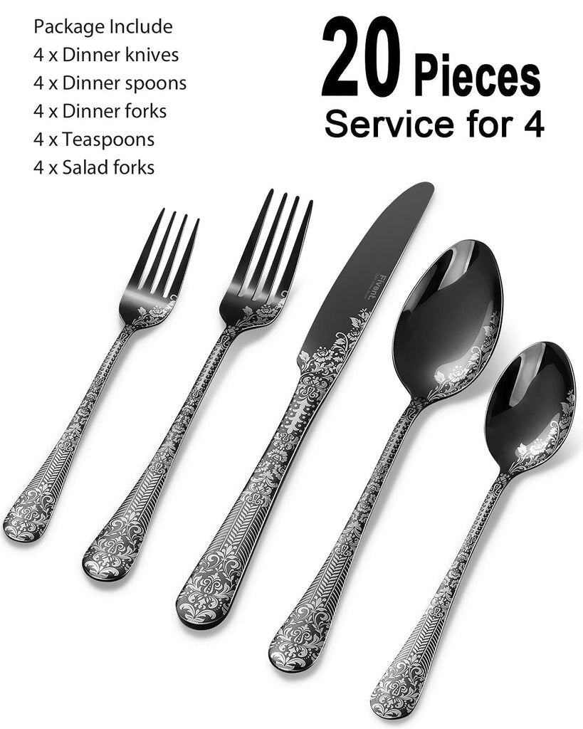 Floral Damask Rose 20-Piece Black Cutlery Set, Service for 4