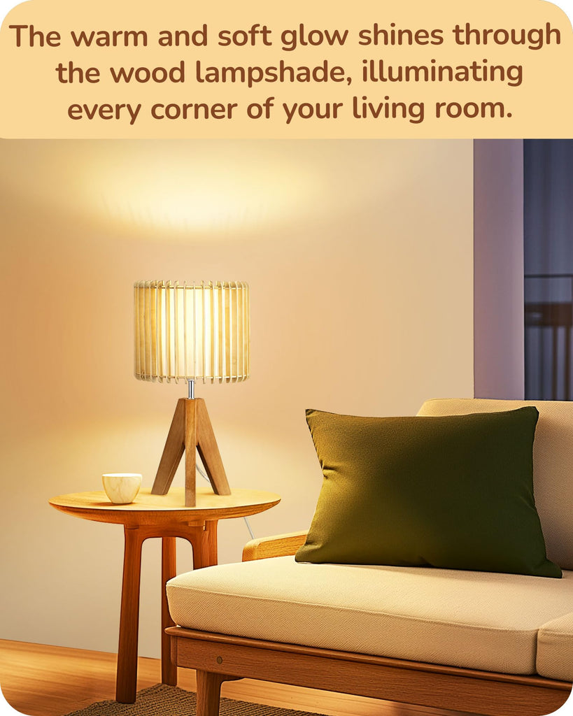 14.17" Small Table Lamp, Wood-Colored Hollow Shade, E26 Base