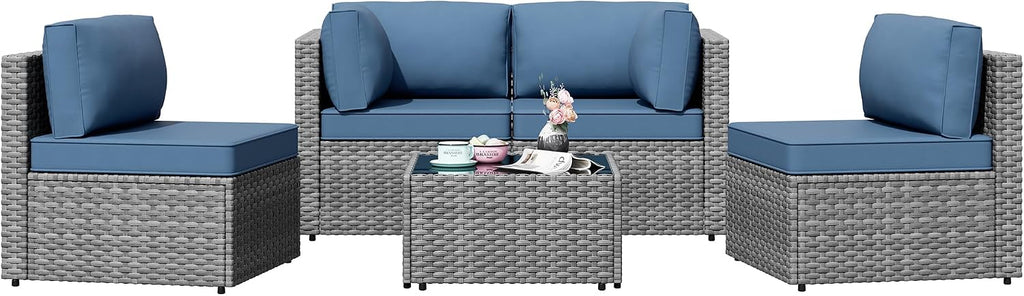 5 Piece Outdoor Sectional Sofa Set, All-Weather Wicker Rattan Patio Conversation Set - Gray & Aegean Blue
