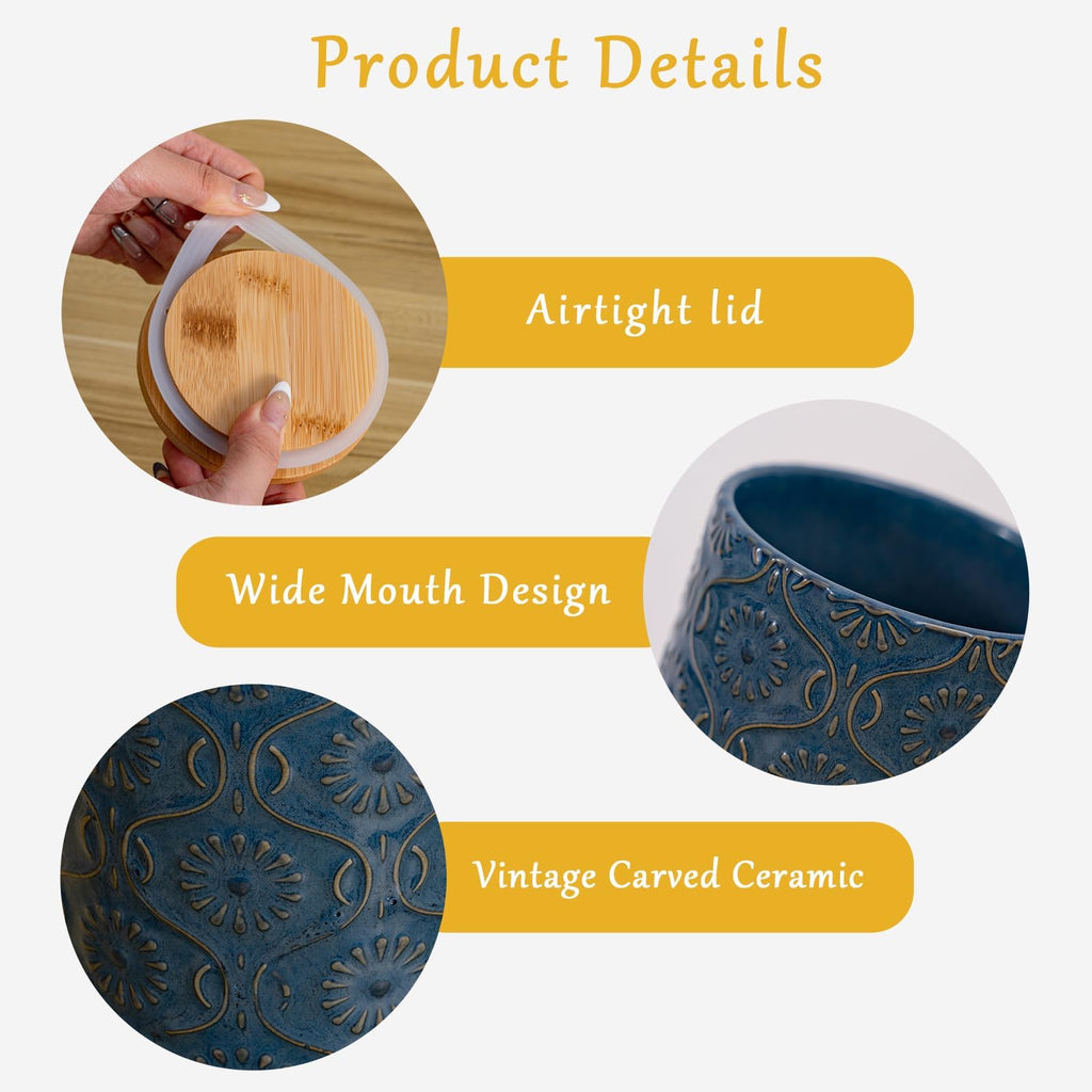 Embossed Ceramic Canister, Stylish Airtight Storage, Coffee, Tea, Sugar, 23 Fl Oz, Darkblue