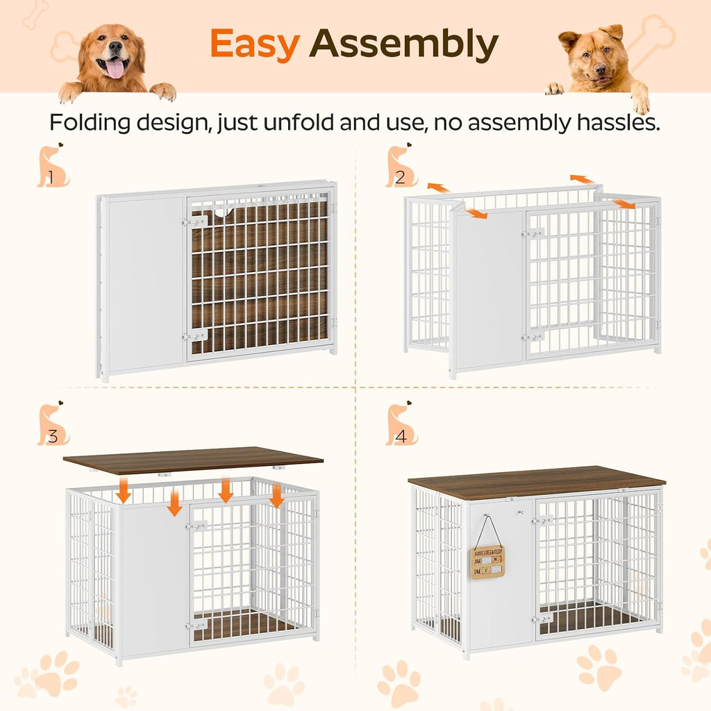 Foldable Dog Crate Furniture, Dog Crate with DIY Frame, Heavy Duty Dog Kennel Indoor with Hooks, Wooden Dog Cage End