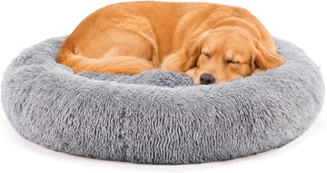 XL Donut Dog Bed for Indoor Use, Fluffy Faux Fur Plush