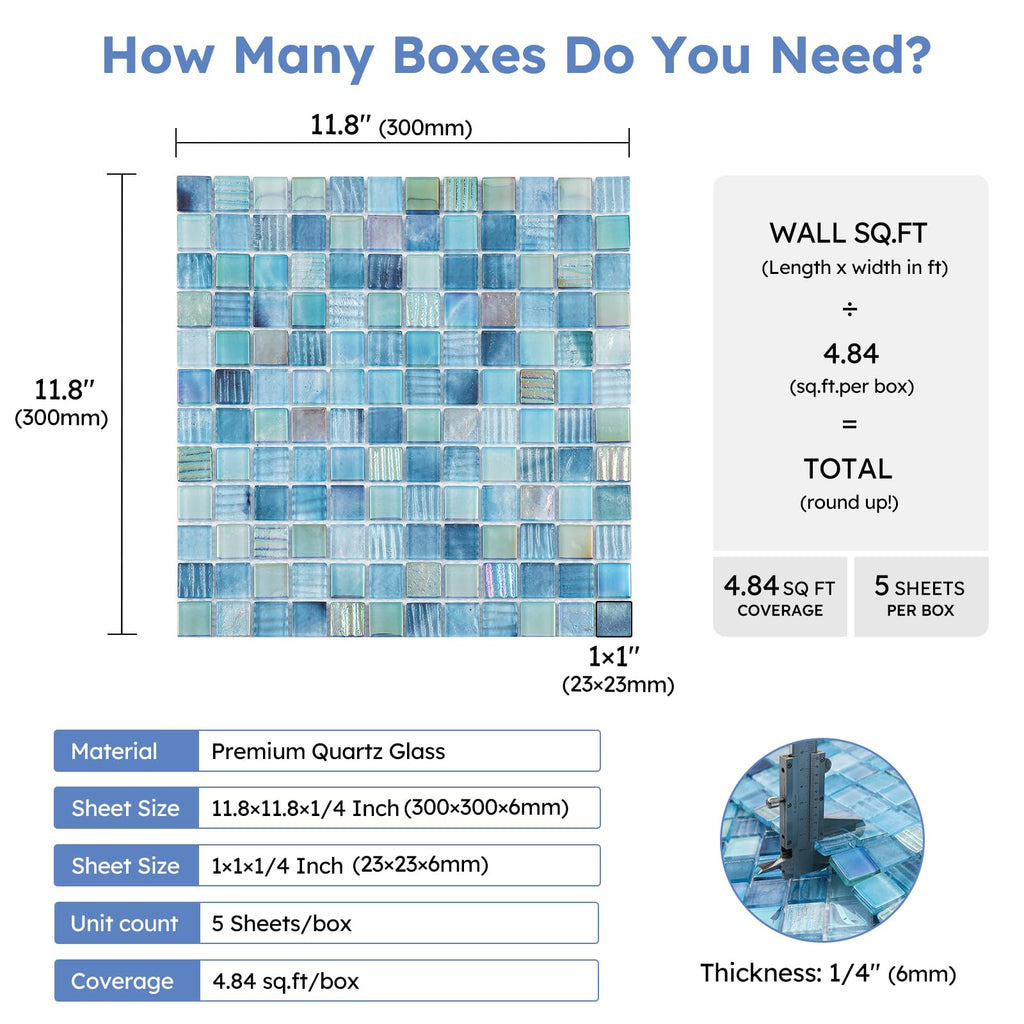 Pool Glass Mosaic Tiles, Iridescent Aqua, 1 Inch Sqaure, 5 Sheets